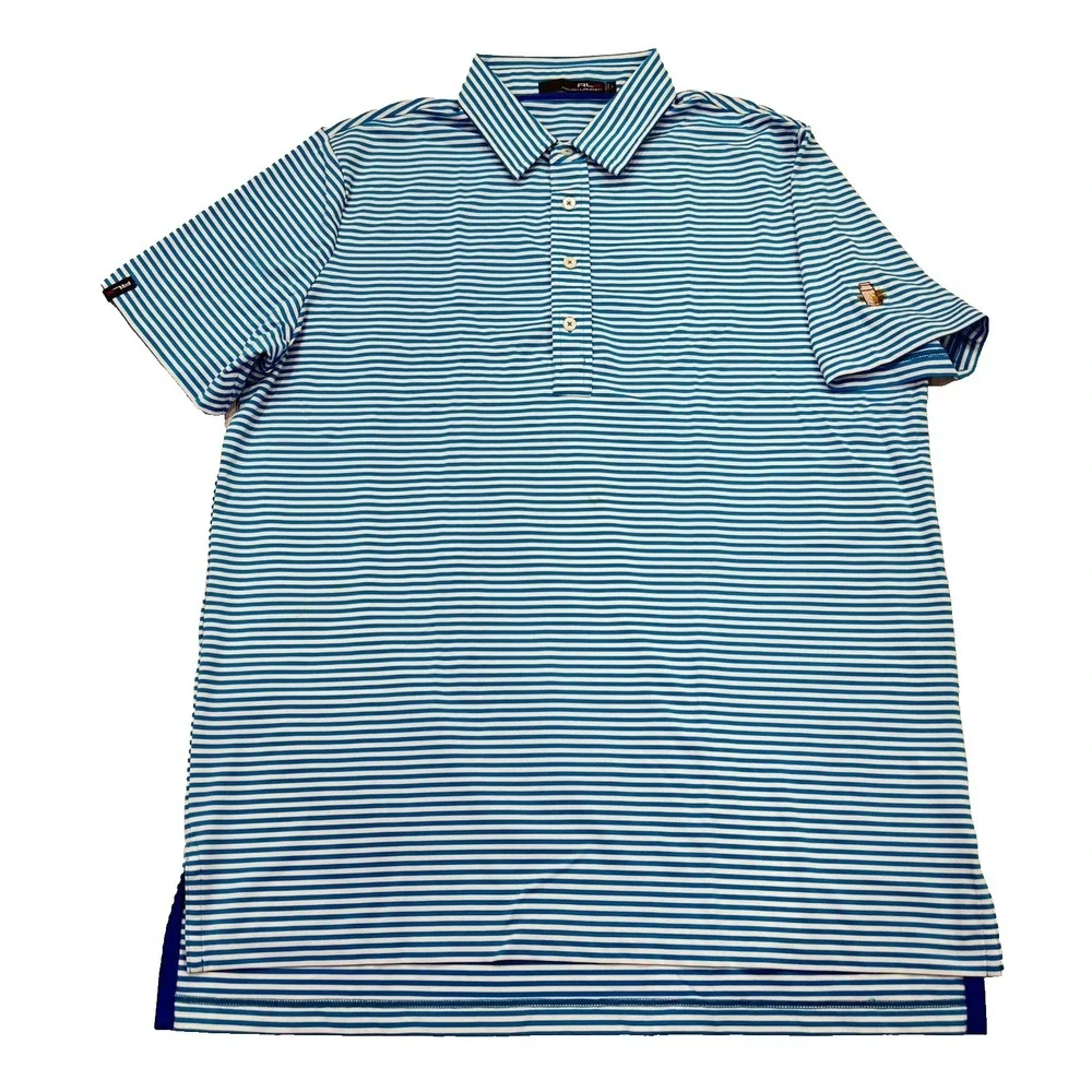 RLX Ralph Lauren Polo Shirt L Large Blue Stripe Casual Golf Logo Mens